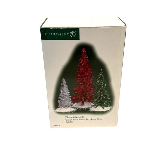 Department 56 Village Accessories Classic Tinsel 3 Trees Box Silver Green Red - Picture 6 of 7
